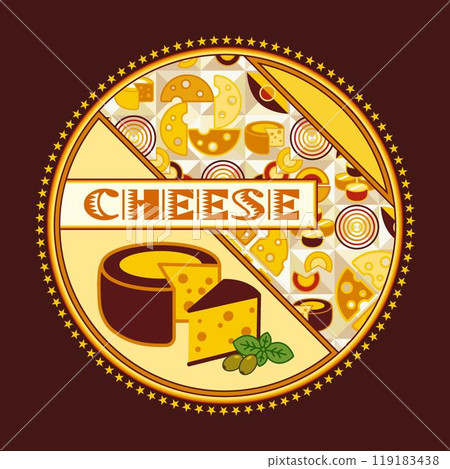 Circular cheese label template with icon of cheese pieces, stars, text, diagonal ornament. For food packaging and branding design. Dark background Circular cheese label template with icon of cheese pieces, stars, text, diagonal ornament. For food packaging and branding design. Dark background 119183438