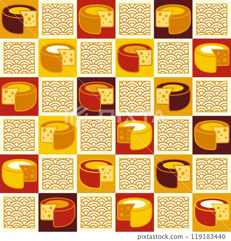 Seamless geometric checkered pattern with icons of cut Cheese wheel, outline fan shaped ornament in flat simple geometric style. Classic checkered square grid. For branding, food packaging, prints Seamless geometric checkered pattern with icons of cut Cheese wheel, outline fan shaped ornament in flat simple geometric style. Classic checkered square grid. For branding, food packaging, prints 119183440