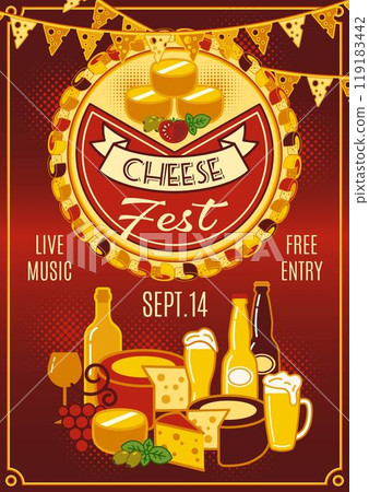 Vertical advertising poster, template for Cheese Festival, fest, event with circular label, text, icons of cheese, wine bottle, beer glass, halftone shapes. Retro style. A4 paper size 119183442