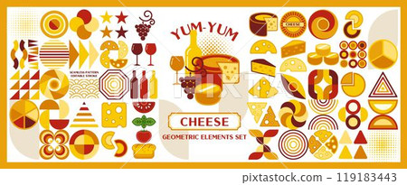 Cheese set with logo, design elements in flat simple style. Icons, abstract geometric shapes. Good for branding, decoration of food packaging, decorative print, backgrounds 119183443