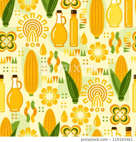 Seamless pattern with icons of corn cob, corn oil, maize grains, geometric shapes, ethnic mesoamerican ornament on white background. For branding, decoration of food package, prints 119183461