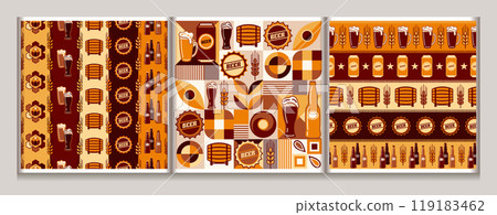 Seamless patterns with icons of beer cans, barrel, glasses, bottle cap. Geometric simple flat style. Good for branding, decoration of beer package, cover design, decorative print. 119183462