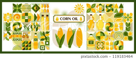 Set of corn oil design elements in flat simple geometric style. Icons, pictograms, abstract geometric shapes. For branding, decoration of food packaging, cover design, decorative print, background 119183464