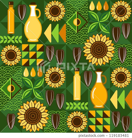 Sunflower oil seamless pattern with icons, abstract geometric shapes. Flowers, black striped seeds, oil bottles on dark green mosaic background. Simple flat style for branding, food packaging, prints Sunflower oil seamless pattern with icons, abstract geometric shapes. Flowers, black striped seeds, oil bottles on dark green mosaic background. Simple flat style for branding, food packaging, prints 119183481