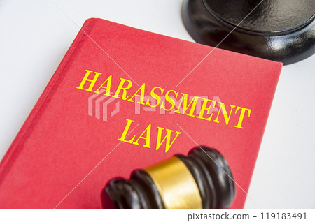 Side view of Harassment Law book with gavel on white background. Zero harassment concept Side view of Harassment Law book with gavel on white background. Zero harassment concept 119183491