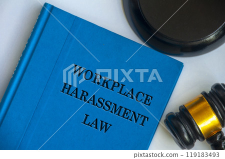 Top view of Workplace Harassment Policy blue book with gavel on white background. Zero workplace harassment concept Top view of Workplace Harassment Policy blue book with gavel on white background. Zero workplace harassment concept 119183493