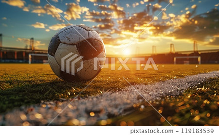Image of a ball near a soccer field at sunset 119183539