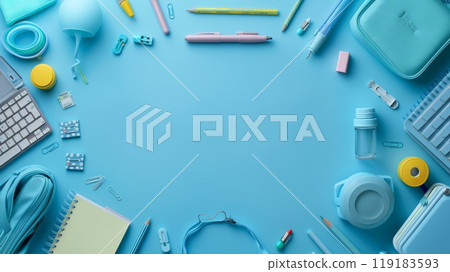Vibrant Border Frame Background with Back to School Supplies on Blue Surface for Educational and Academic Themes 119183593