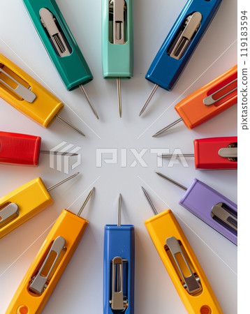 Colorful Back to School Frame Background with Assorted Stationery Items in a Circular Arrangement 119183594