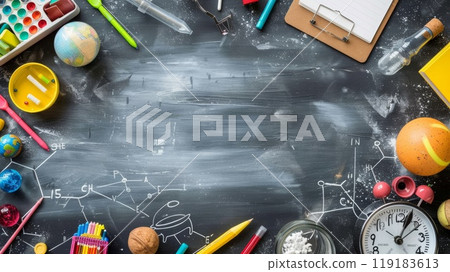 Colorful Education Back to School Background with Chalkboard and School Supplies for Creative Learning 119183613