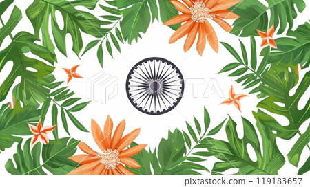 India Independence Day Celebration with Ashoka Chakra and Floral Design - Vibrant and Patriotic Illustration 119183657