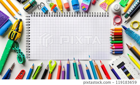 Colorful Education Back to School Background with Stationery Supplies and Blank Notebook for Creative Learning 119183659
