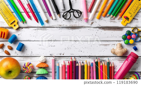 Colorful Education Back to School Background with Stationery and Supplies on White Wooden Table 119183690
