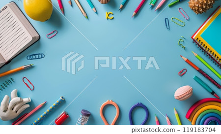 Colorful Border Frame Background with Back to School Supplies on Blue Surface for Educational and Creative Projects 119183704