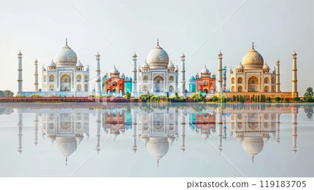 Beautiful Reflection of the Taj Mahal in Water Celebrating India's Independence Day with Vibrant Colors and Historical Significance Beautiful Reflection of the Taj Mahal in Water Celebrating India's Independence Day with Vibrant Colors and Historical Significance 119183705