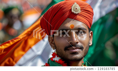Young Man Celebrating India Independence Day with Traditional Attire and National Flag in the Background Young Man Celebrating India Independence Day with Traditional Attire and National Flag in the Background 119183785