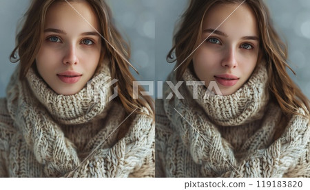 Image of the model in two angles, in warm knitted clothes Image of the model in two angles, in warm knitted clothes 119183820