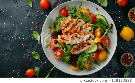 Vegetable salad on a plate with chicken, there is a place for text 119183828