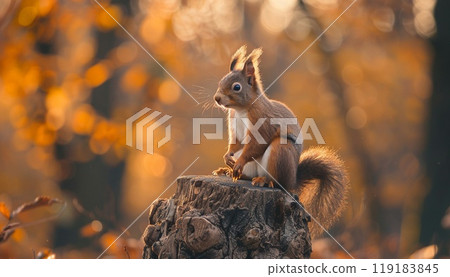 Photo of a beautiful squirrel on a stump 119183845