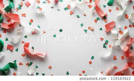Colorful Indian Independence Day Celebration with Tricolor Confetti and Streamers on White Background 119183922