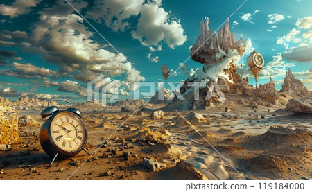 Surreal landscape with a melting magic clock 119184000