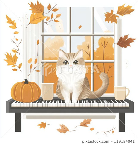 Illustration of a cat by the window in autumn 119184041