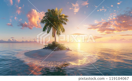 Tropical island panorama bathed in golden light 119184067