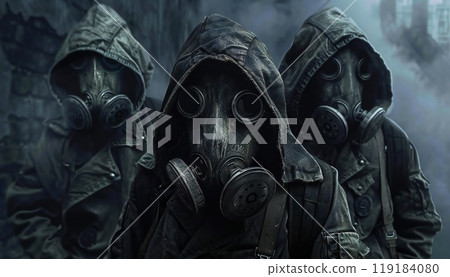 Image of people in gas masks and protective suits 119184080