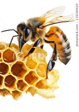 Close-up view of a honeybee on honeycomb showcasing intricate details in nature 119184420