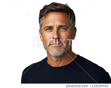 Mature man with gray hair and beard in a black shirt poses confidently against a neutral backdrop Mature man with gray hair and beard in a black shirt poses confidently against a neutral backdrop 119184432