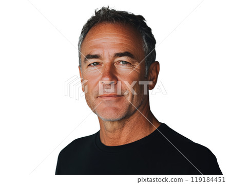 Mature man with gray hair and beard in a black shirt poses confidently against a neutral backdrop Mature man with gray hair and beard in a black shirt poses confidently against a neutral backdrop 119184451