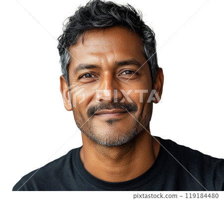 Smiling man with dark hair and beard in casual black shirt against a light backdrop 119184480