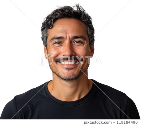 Smiling man with curly hair in a casual black shirt against a simple background Smiling man with curly hair in a casual black shirt against a simple background 119184490