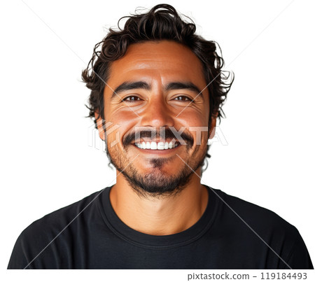 Smiling man with curly hair in a casual black shirt against a simple background 119184493