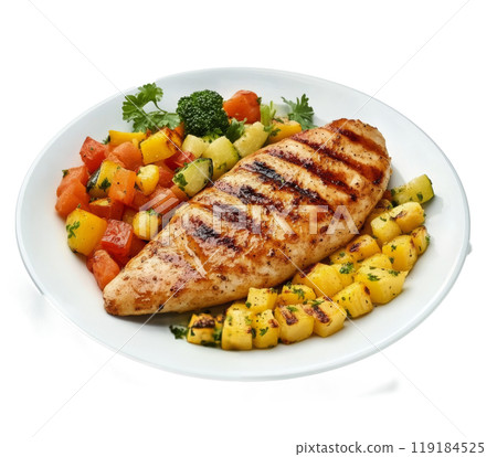 Grilled chicken breast served with colorful vegetables on a white plate during daytime 119184525