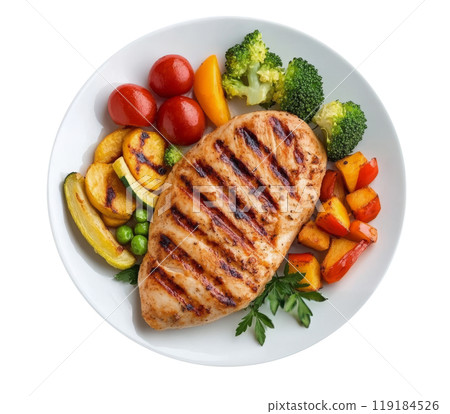 Grilled chicken breast served with colorful vegetables on a white plate during daytime 119184526
