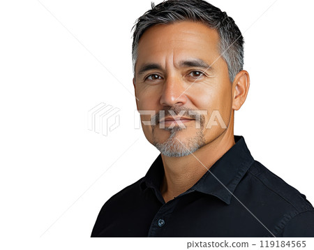 Portrait of a mature man with a beard wearing a black shirt against a neutral background 119184565