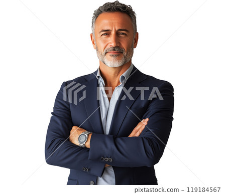 A man in a navy suit and light shirt stands with arms crossed, exuding confidence 119184567