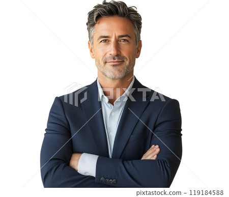 A man in a navy suit and light shirt stands with arms crossed, exuding confidence 119184588