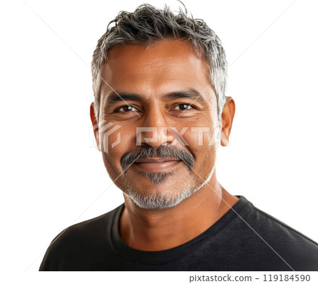 Smiling man with dark hair and beard in casual black shirt against a light backdrop 119184590