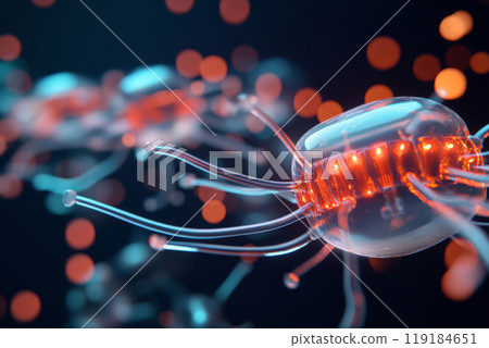 Nano robots with glowing cores floating in a dark environment 119184651