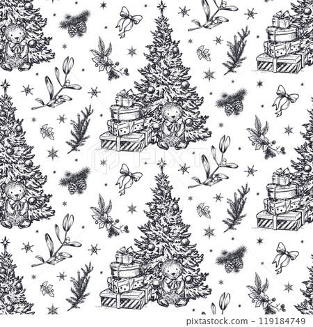 Vector seamless pattern with Christmas tree and gifts. Winter endless background in vintage style. 119184749