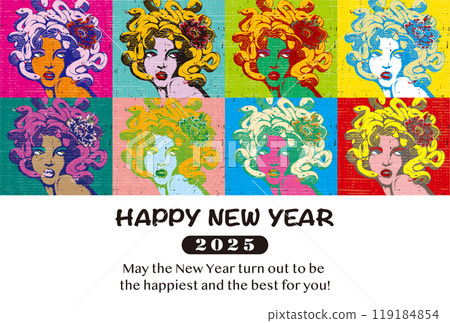 2025年新年賀卡模板「普普藝術風格設計」新年快樂圖案附英文註釋 2025年新年賀卡模板「普普藝術風格設計」新年快樂圖案附英文註釋 119184854
