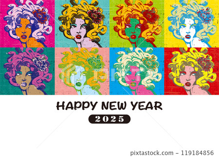 2025年新年賀卡模板「普普藝術風格設計」新年快樂圖案,帶有手寫空間 2025年新年賀卡模板「普普藝術風格設計」新年快樂圖案,帶有手寫空間 119184856