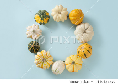 Autumn white and green pumpkins as wreath on blue background for Thanksgiving day or Halloween. Copy space. View from above. Harvest day concept Autumn white and green pumpkins as wreath on blue background for Thanksgiving day or Halloween. Copy space. View from above. Harvest day concept 119184859