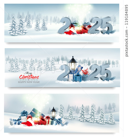 Holiday Christmas banners with winter landscare and colorful gift boxes. Vector. Holiday Christmas banners with winter landscare and colorful gift boxes. Vector. 119184895