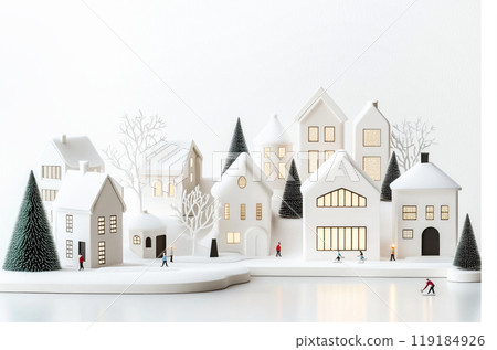 Diorama of picturesque winter village with small houses and snowy trees on a serene pond, Christmas atmosphere Diorama of picturesque winter village with small houses and snowy trees on a serene pond, Christmas atmosphere 119184926