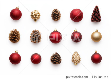 Festive arrangement of red ornaments and pinecones isolated on white background, Christmas and nature's beauty Festive arrangement of red ornaments and pinecones isolated on white background, Christmas and nature's beauty 119184943