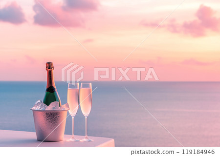 Champagne bottle in an ice bucket with two glasses at seaside view. Soft colors and serene background evoke celebration Champagne bottle in an ice bucket with two glasses at seaside view. Soft colors and serene background evoke celebration 119184946