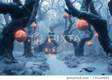 Enchanting winter forest with glowing orbs hanging from twisted trees and cozy cottage. Magical winter scene concept Enchanting winter forest with glowing orbs hanging from twisted trees and cozy cottage. Magical winter scene concept 119184949